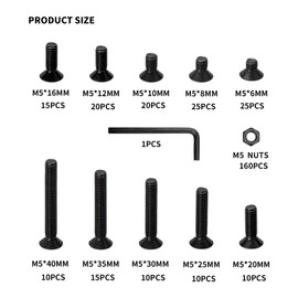 Ewwtrey 320 Pcs M5 Screws Set, Countersunk Hex Socket Head Cap Screws and Nuts Set, M5 Bolts and Nuts Assortment, Hexagonal Flat Head Machine Screw, with Wrench