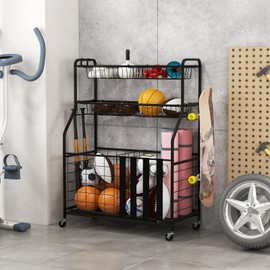 KOTEK Sports Equipment Organizer, Rolling Garage Ball Storage with Baskets, Hooks & Lockable Wheels, Home Gym Storage Rack for Basketball Football Tennis Volleyball Baseball Golf Bag Sports Gear