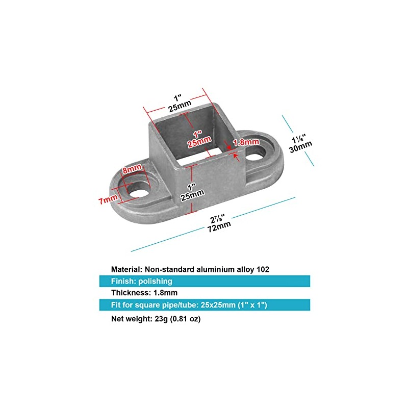 20 Pack 1 x 1 inch Square Post Flange Base,