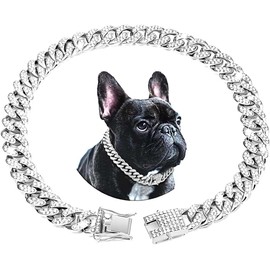 haoyueer Dog Chain Collar Diamond Cuban Link Dog Collar 13mm Wide Dog Necklace Metal Cat Chain Pet Crystal Collar Jewelry Accessories for Puppy Small Medium Large Dogs Cats (Silver, 14 inch)