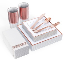 175 Piece Rose Gold Dinnerware Set 25 Guest-50 Square Plastic Plates-25 Rose Gold Plastic Silverware-25 Rose Gold Plastic Cups-25 Rose Gold Paper Napkins, FOCUSLINE Disposable Dinnerware Set