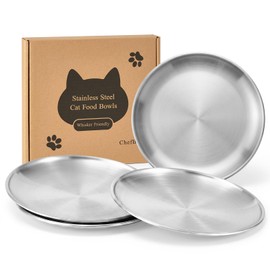 ChefBee Stainless Steel Cat Bowls - 4PCS 6.7" Metal Flat Shallow Wide Whisker Friendly Cat Food Water Feeding Bowl Dishes, Plates, Basic Indoor Pet Food Tray for Multicats, Kittens, Easy to Clean