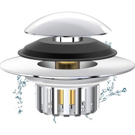 Universal Bathtub Drain Stopper - Pop-Up Hair Catcher with Filter, Fits 1-3/8" to 2" Drain Holes, Anti-Clog Drain Cover with Overflow Plate, Chrome/Black Bath Tub Plug for Bathroom Sink