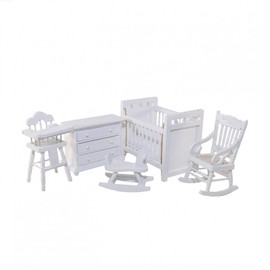 Dolls House White Nursery Set, 1:12 Scale, Cot, Dresser, Rocking Chair, High Chair, Rocking Horse, Miniatures | Minimum World