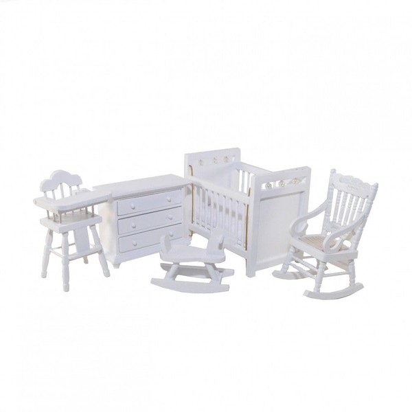 Dolls House White Nursery Set, 1:12 Scale, Cot, Dresser, Rocking