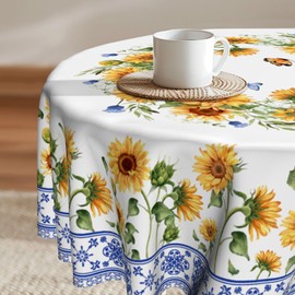 Sunflower Round Tablecloth - Yellow Daisy Floral Butterfly Table Cloth 60 Inch Blue Boho Floral Seasonal Washable Table Cover for Indoor Outdoor Kitchen Dinning
