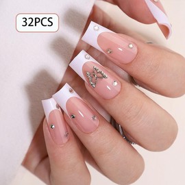 WAFOLOZE White French Tip Press On Nails - Long Press On Nails Square Fake Nails with Butterfly Charm, Artificial Nails 16 Sizes - 32Pcs False Nails Tips Kit, Stick On Nails for Women