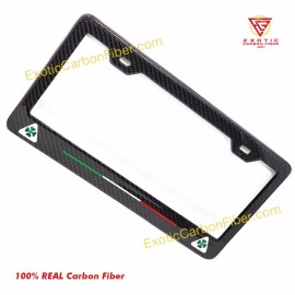 Exotic Carbon Fiber Alfa Romeo Quadrifoglio Logos Only with Italy Stripe Carbon Fiber License Frame