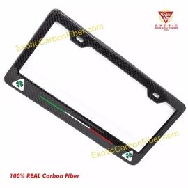 Exotic Carbon Fiber Alfa Romeo Quadrifoglio Logos Only with Italy Stripe Carbon Fiber License Frame