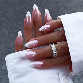 French Tip Press on Nails Medium Almond Fake Nails Nude False Nails with Designs Chrome White Nail Tips Glue on Nails Cute Full Cover Acrylic Artificial Nails Natural Stick on Nails for Women 24Pcs