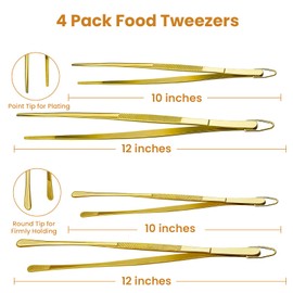 GEEKHOM Fine Long Tweezers Tongs, [4 Pack] 12'' + 10" Stainless Steel Kitchen Tweezers, Professional Chef Tweezers for Cooking, Roasting, Baking, Grilling, Frying, Barbecue, Salad, Dessert, Gold