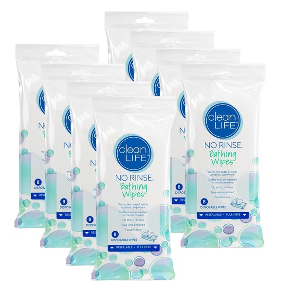 No-Rinse Bathing Wipes by Cleanlife Products (8 Pack), Premoistened and Alo Vera Enriched for Maximum Cleansing and Deodorizing - Microwaveable, Hypoallergenic, Rinse-Free and Latex-Free (8 Wipes)