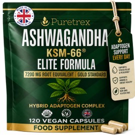 PURETREX Ashwagandha KSM-66 Elite Formula 7200mg Root Equivalent, Rhodiola Rosea, L-Theanine, Saffron & Vitamin B6, Adaptogen Complex for Stress, Focus, Mood & Energy, 120 Vegan Capsules, UK Made