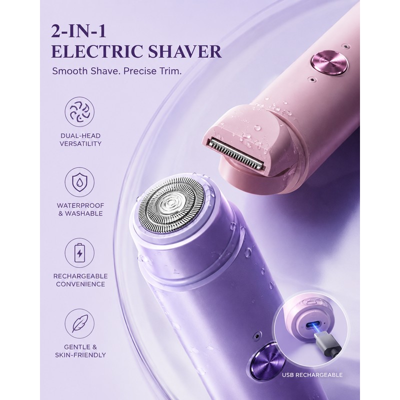 2-in-1 Electric Shaver for Women – Waterproof Rechargeable Razor &