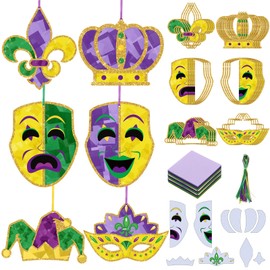 Motipuns 24 Sets Mardi Gras Craft Kits Tissue Paper Cutout DIY Crown Mask Tissue De Lis Hanging Ornaments Purple Green Yellow Glitter Art Decoration for Mardi Gras Holiday Masquerade Party Decoration