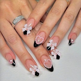Bow Charms Press on Nails Medium Almond Fake Nails with 3D Bow Love Heart Pearl Charms Design Black French Tip False Nails Bowknot Glue on Nails Acrylic Artificial Stick on Nails for Women Girls 24Pcs