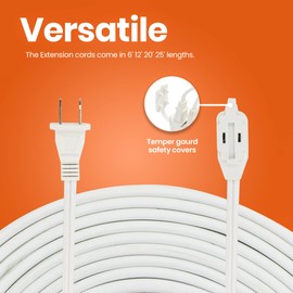 12 Feet White Extension Cord, 3 Outlet, 2 Prong, 16 Gauge Cable, 3 Receptacle Cube Tap, Indoor use - by Revpex