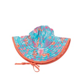 RuffleButts® Baby/Toddler Girls UPF 50+ Sun Protective Wide Brim Swimwear Sun Hat - Ocean Tides/Coral Gingham Reversible, 0-12m
