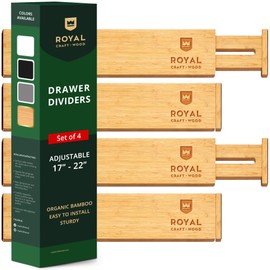 ROYAL CRAFT WOOD Drawer Divider and Organizer for Kitchen Organization - Adjustable Bamboo Drawer Dividers Organizers (17 - 22") - 4-Pack Expandable Drawer Organization Separators for Kitchen, Bedroom & More, Natural
