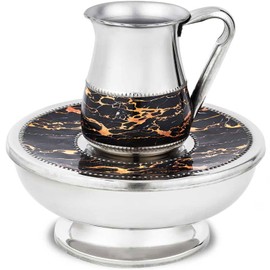 Zion Judaica - Juego grande Mayim Achronim para lavado de manos con final de comida, aluminio con calcomanía de mármol negro decorado para Shabat, Yom Tov, Pesach Seder Judaica regalo para Rosh Hahsanah Año Nuevo