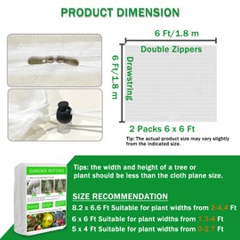 2 Pack 6x6 Ft Fruit Tree Netting, Bird Netting for Garden with 2 Zippers and Drawstring, Cicada Netting for Trees Plant Cover Protection Fruits Blueberry Citrus for Preventing Deer Squirrel