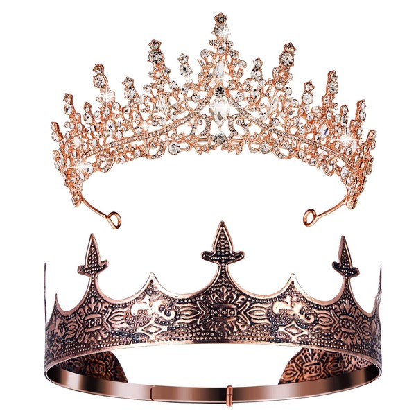 2 Pcs Antique Royal King Crown for Men Baroque Queen Crown for Women Crystal Tiara Crowns Prom Accessories Halloween Costume (Novel Style)