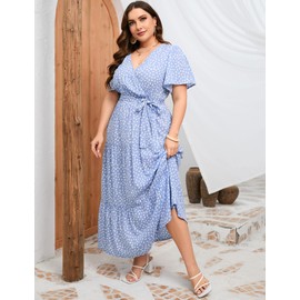 KOJOOIN Women Plus Size V Neck Wrap Maxi Dress Short Sleeves High Waist Ruffle Summer Casual Dress with Belt Blue White Dot XL