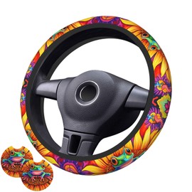 Sunflowers and Frogs Steering Wheel Cover with 2 Car Coasters Non Slip Neoprene for Women Men Universal 15 Inch Stylish and Practical Set