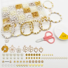 JINNBEY 1267Pcs Imitation Pearl Gold Beads Jewelry Making Kit - with Alphabet Beads, Small Pendant & Polymer Clay Beads, DIY Craft Necklace Bracelet Beading Kit for Kid Friendship Gifts