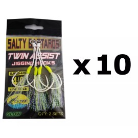 PROYAKER Salty Bastards Glow Twin Assist Hooks Set of 2 by PROYAKER,  lot also available  - 4/0 Long Line Glow 10 packs of 2 sets each