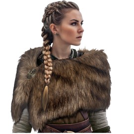 L'VOW Viking Faux Fur Shawl Collar for Women Fur Wrap Stole with Medieval Brooch for LARP GoT Warrior Queen Costume Accessories(Brown)