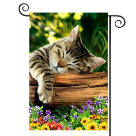 DMERBYL Sleeping Cat Garden Flag 12.5" x 18" Double Sided Home Decorative, Spring Summer Garden Flag Farmhouse Yard Outdoor Decor