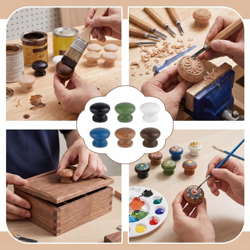 Pinkunn 50 Pcs Wood Unfinished Drawer Knobs, Round Mushroom Shape