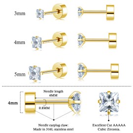 3 Pairs Silver Gold Stud Earrings for Women Men, Hypoallergenic Small Square Cubic Zirconia Titanium Surgical Steel Stud Earrings Set, Helix Tragus Cartilage Sleeper Screw Flat Back Earrings 3/4/5mm