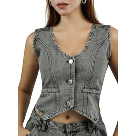 MelloShe Women’s Cropped Denim Vest – Sleeveless V Neck Jean Jacket Top, Button Down Fitted Waistcoat, Y2K Vintage Style (US, Alpha, Large, Regular, Regular, Grey Denim)