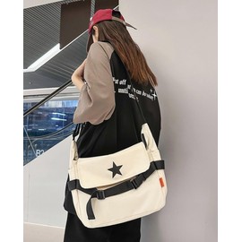 Y2K Aesthetic Crossbody Bag Star Pattern Grunge Messenger Bag Flap Zipper Closure Tote Bag Multipurpose Shoulder Bag (One Size,White)