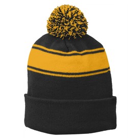 INK STITCH Stc28 Pom Pom Striped Winter Beanie Hats - 6 Colors (Black/Gold)