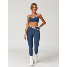 ABOCIW Womens Workout Sets Color Block Strappy Sports Bra Crossover High Waist Leggings Gym Set 2 Piece Yoga Pilates Outfits Active Wear Navy Small
