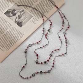 FULU AUTUMN Women’s Long Pearl Necklace, Silver and Black Statement Chain, Fashion Jewellery, Vintage Jewellery, Birthday Gifts, Pearl Crystal, No Gemstone