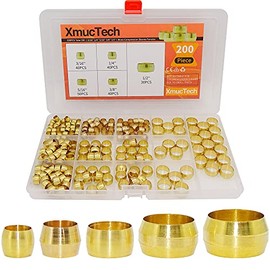 XmucTech, 200PCS Brass Compression Fitting Ferrule Sleeve, 5 Sizes OD（316In 14In 516In 38In 12In) Assortment Kit