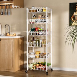 SINGAYE 6 Tier Wire Shelving Unit with Wheels Baskets Storage Rack Corner Shelves Adjustable Shelf Closet Bathroom Organizers Metal Pantry Kitchen Garage Laundry Room 13.5" D x 13.5" W x 63" H White