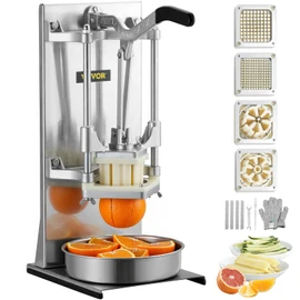 VEVOR Commercial French Fry Cutter with 4 Replacement Blades, 1/4 and 3/8 Blade Easy Dicer Chopper, 6-wedge Slicer and 6-wedge Apple Corer, Lemon Potato Cutter for French Fries with Extended Handle