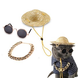 Summer 3 Piece Set for Small Dogs and Cats, Straw Hat, Sunglasses & Necklace, UV Protection