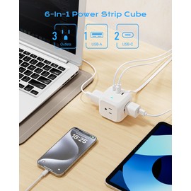 Power Strip Cube with USB Ports, 900 Joules Surge Protection, 10 ft Flat Plug Extension Cord, 3 AC Outlet 3 USB Ports(2 USB C), Desk Charging Station for Home Office Travel, White