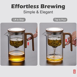 Enchanti Tea Pot, Magic Teapot, Water Separation Glass Teapot with Wooden Handle, Magnetic Glass Teapot, Push Control Magic Teapot (600ml)