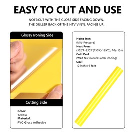 FUNKAKA Yellow HTV Heat Transfer Vinyl Rolls, 12" x 9ft Glossy Yellow Iron on Vinyl for T-Shirt, Adhesive Yellow HTV Vinyl for All Cutter Machines Easy to Cut & Weed for Heat Vinyl Design