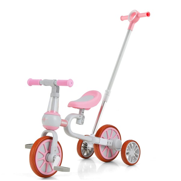 OLAKIDS Toddler Tricycle, 5 in 1 Kids Trike for Age 2-4 with Push Handle, Baby Bike with Adjustable Seat and Handle, Removable Pedal and Training Wheels for Boys Girls Toy Gift (Pink)