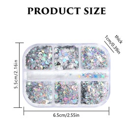 1 Box of 6 Compartments Nail Design Glitter, Glitter for Nails Silver, Nail Design Glitter Stones, Glitter Powder Sequins, Glitter Holographic Sequins for Body Glitter Powder, DIY Nail Art Decals