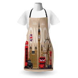 Ambesonne London Apron, Famous Britain Landmarks Monuments Art Pattern Touristic Travel Destination, Unisex Kitchen Bib with Adjustable Neck for Cooking Gardening, Adult Size, Beige