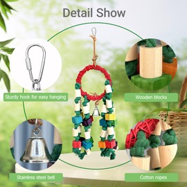 LUCKITTY Natural Parrot Toys for Small Birds - 6x6x19in Chew Toys with Rattan Ring, Cotton Rope & Wood Blocks, Colorful Eco Cage Accessories for Budgies, Cockatiels, Lovebirds, Conures